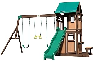 Backyard Discovery Lakewood Cedar Wood Swing Set with Wave Slide, Clubhouse, Playhouse, Snack Bar Window, Picnic Area, Belt Swings, Trapeze, Full Front Door, Windows, Step Ladder, Outdoor Playset