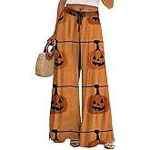 domirica Halloween Pants Women Drawstring Elastic Waist Wide Leg Pants Ladies Pumpkin Ghost Pajama Vintage Street Wear