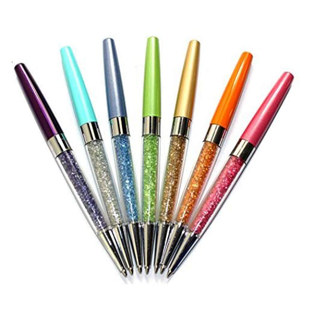 Abcsea 7PCS Bling Bling Silm Crystal Diamond Retractable Ballpoint Pen, Diversity Color (Pink, Orange, Yellow, Green, Blue, Sky Blue, Purple)