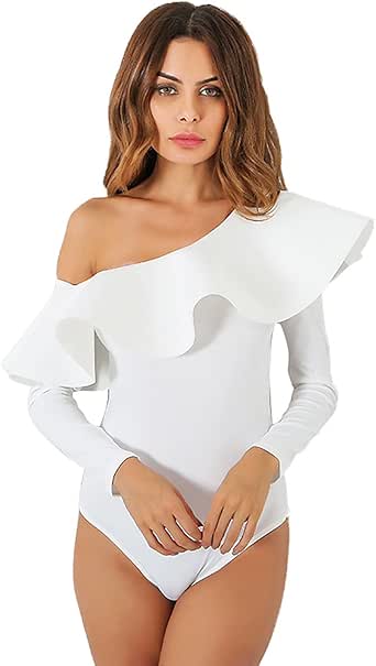 Amazon.com: gagaopt Women Sexy Off Shoulder Long Sleeve Ruffle One Piece Bodysuit Thong White 
