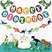 Dinosaur Happy Birthday Banner, Colorful Felt Garland Flag for Dino Jungle Jurassic First Birthday Dinosaur Party Supplies Decorations