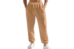 TAFLE Men's Linen Joggers Summer Beach Lightweight Drawstring Yoga Pants with Pockets & Elastic Cuffs
