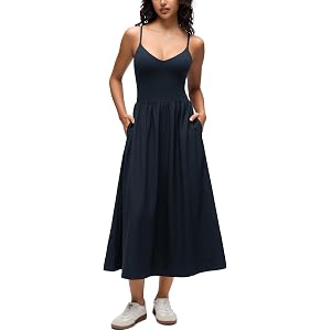 CRZ YOGA V Neck Maxi Casual Tank Dress | Removable Pads, Flowy, Side Pockets, Adjustable Straps, Travel, Sleeveless, Outfits