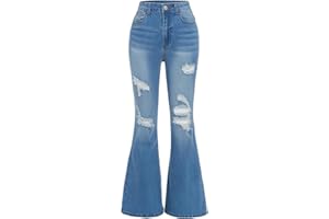 Girls Stretchy Flare Jeans Washed Wide Ripped Denim Pants Elastic Waist Bell Bottom Pant with Pockets Streetwear Clothes