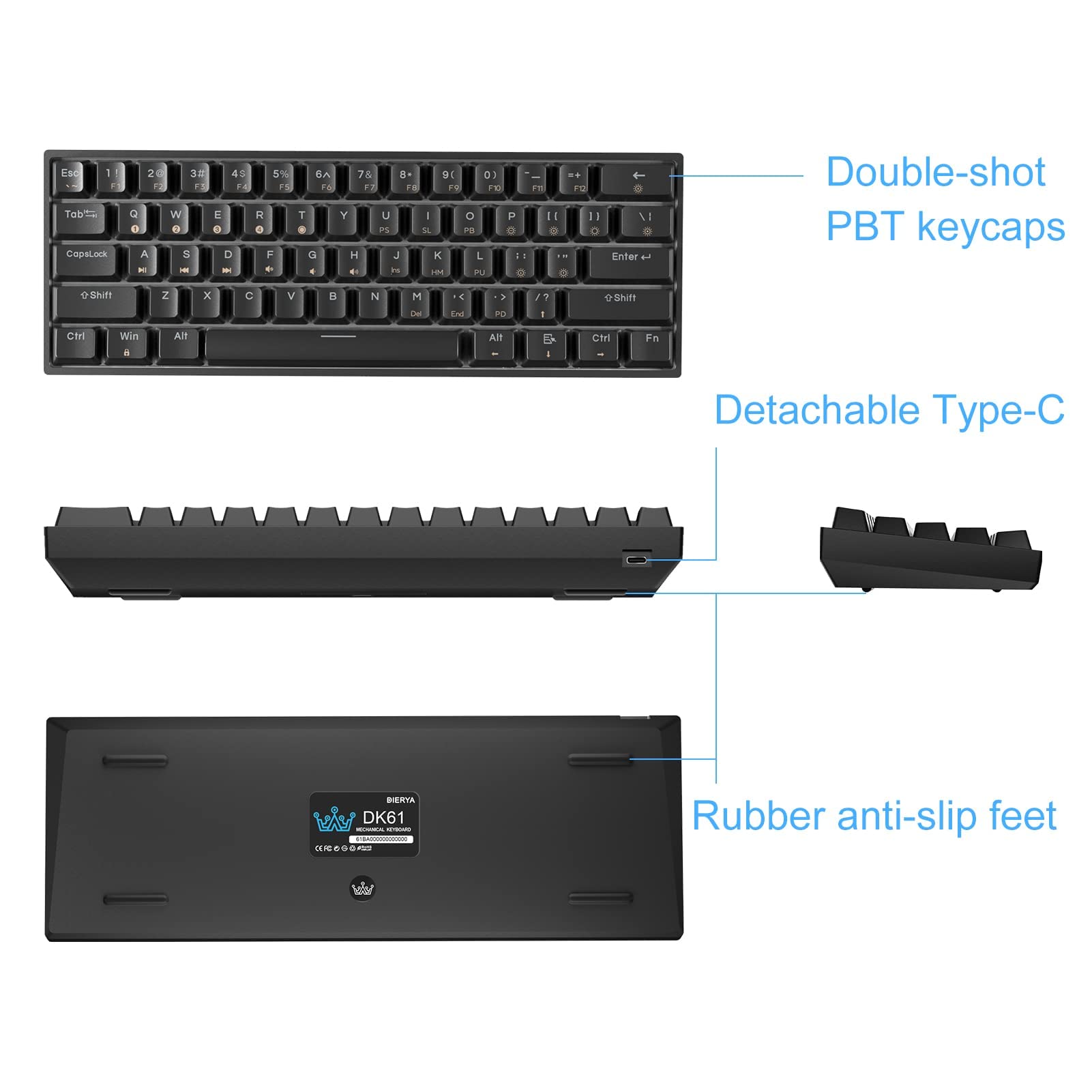 DIERYA DK61E 60% Mechanical Gaming Keyboard, RGB Backlit Wired PBT Keycap Waterproof Type-C Mini Compact 61 Keys Computer Keyboard with Full Keys Programmable (Gateron Optical Red Switch)