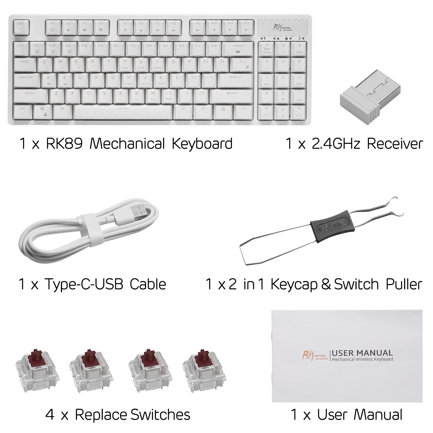 RK ROYAL KLUDGE RK89 85% Triple Mode BT5.0/2.4G/USB-C Hot Swappable Mechanical Keyboard, 89 Keys Compact Mechanical Keyboard with Detachable Frame & Software (Hot-Swappable Brown Switch, White)