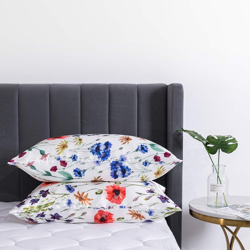 DuShow Satin Pillow Cases 2 Pack - Floral Silky Pillowcase for Hair and Skin Standard Size with Zipper Closure,White,50x75 cm - Image 3