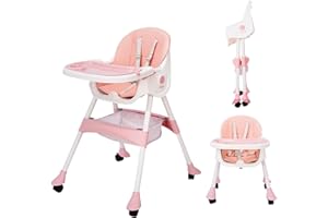 MOMJOY Baby High Chair, 6 in 1 Convertible High Chairs for Babies and Toddlers, Toddler Feeding Chair with Double Removable Tray, The Perfect Travel High Chair for Easy Baby Feeding（Pink）