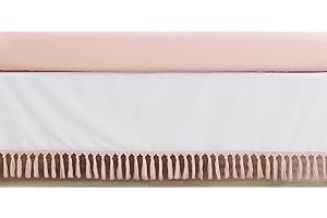 Sweet Jojo Designs Boho Bohemian Girl Baby Crib Bed Skirt Nursery Dust Ruffle - Blush Pink and White Farmhouse Shabby Chic Designer Modern Minimalist Tassel Fringe Macrame Cotton