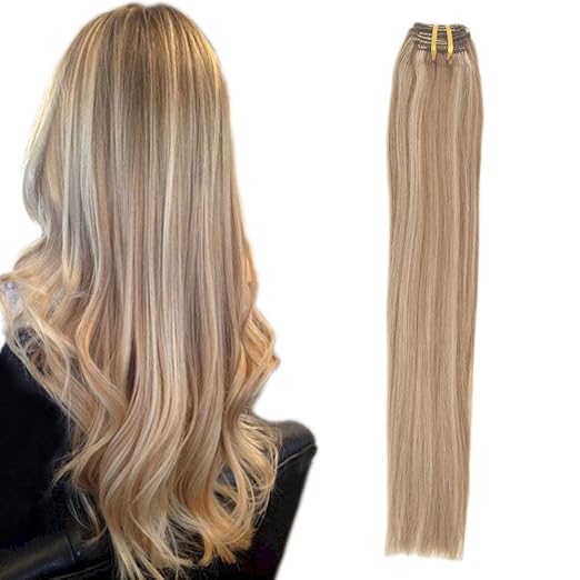 Komfami Remy Haarverlängerung Clip in Haarverlängerung Echthaar Echtes Haar 100 Gramm 45cm No.12/613 Goldbraun/Gebleichtes Bl