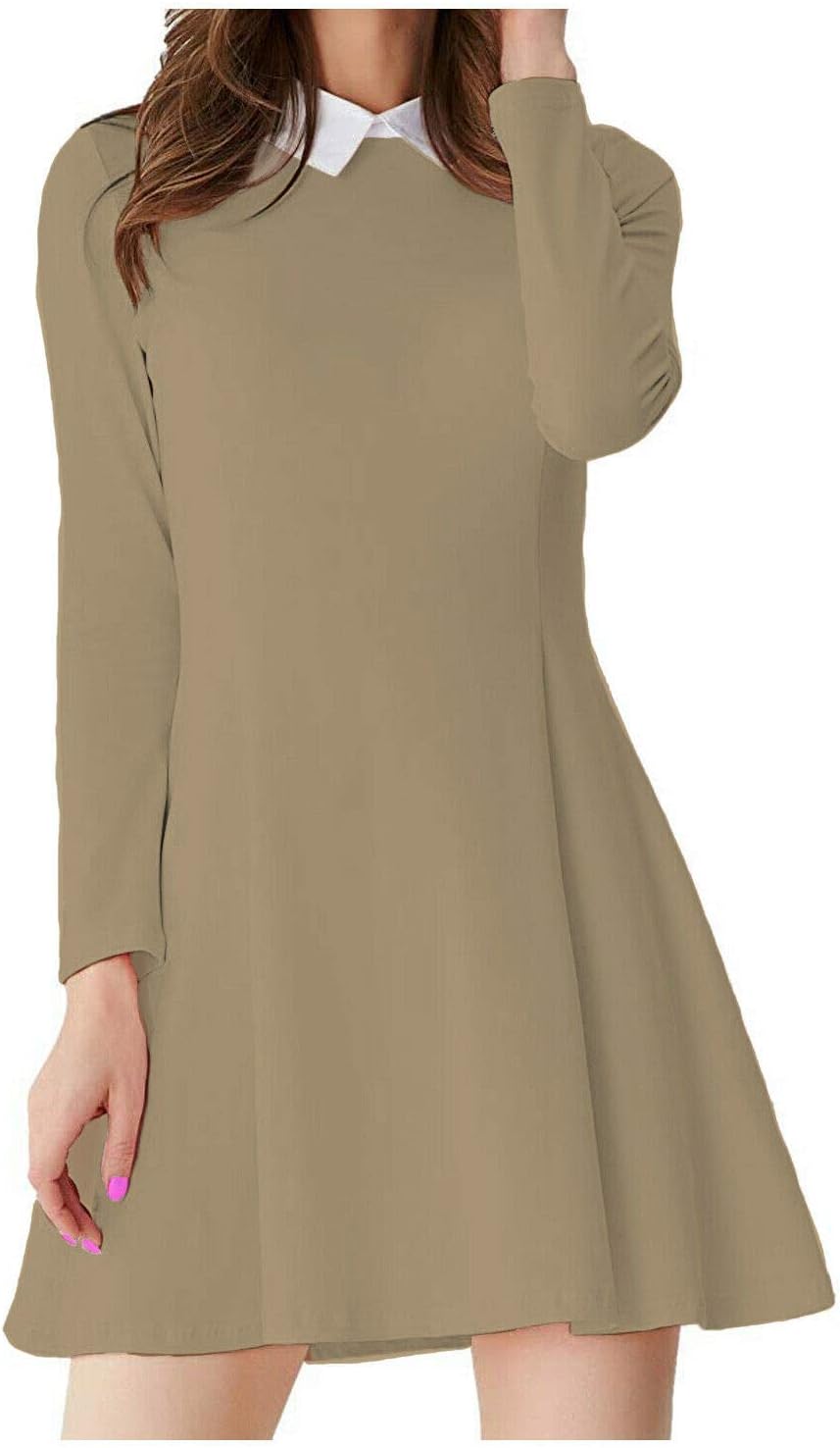 Papaval Womens Ladies Peter Pan Collar Long Sleeve Flared Swing Dress Top White-Collar