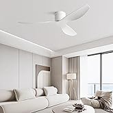 BUENION 52-Inch White Ceiling Fan Without Light, Modern Low-Profile Flush Mount Fan with Remote, 6-Speed Reversible Quiet DC 