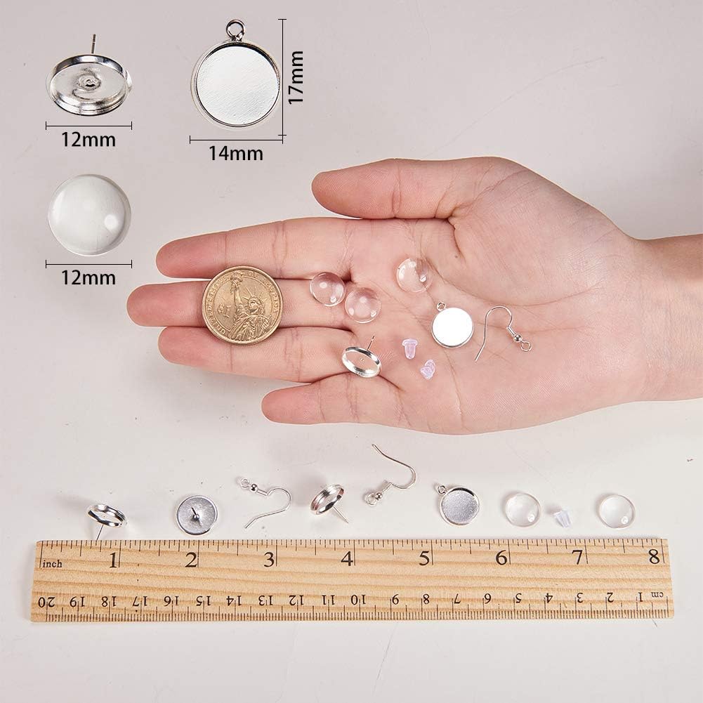 SUNNYCLUE 1 Box 120pcs Cabochon Pendant Stud Earrings Making Kit 60pcs Earring Bezel Settings with 60pcs 12mm Clear Glass Cabochons - Image 4