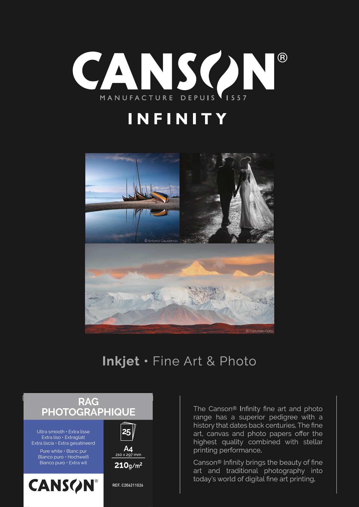 CANSON Infinity Rag Photographique Ultra Smooth 210gsm A4 Paper, Digital Fine Art Reproduction, 25 Pure White Sheets, Ideal for Professional Photographers — image 1
