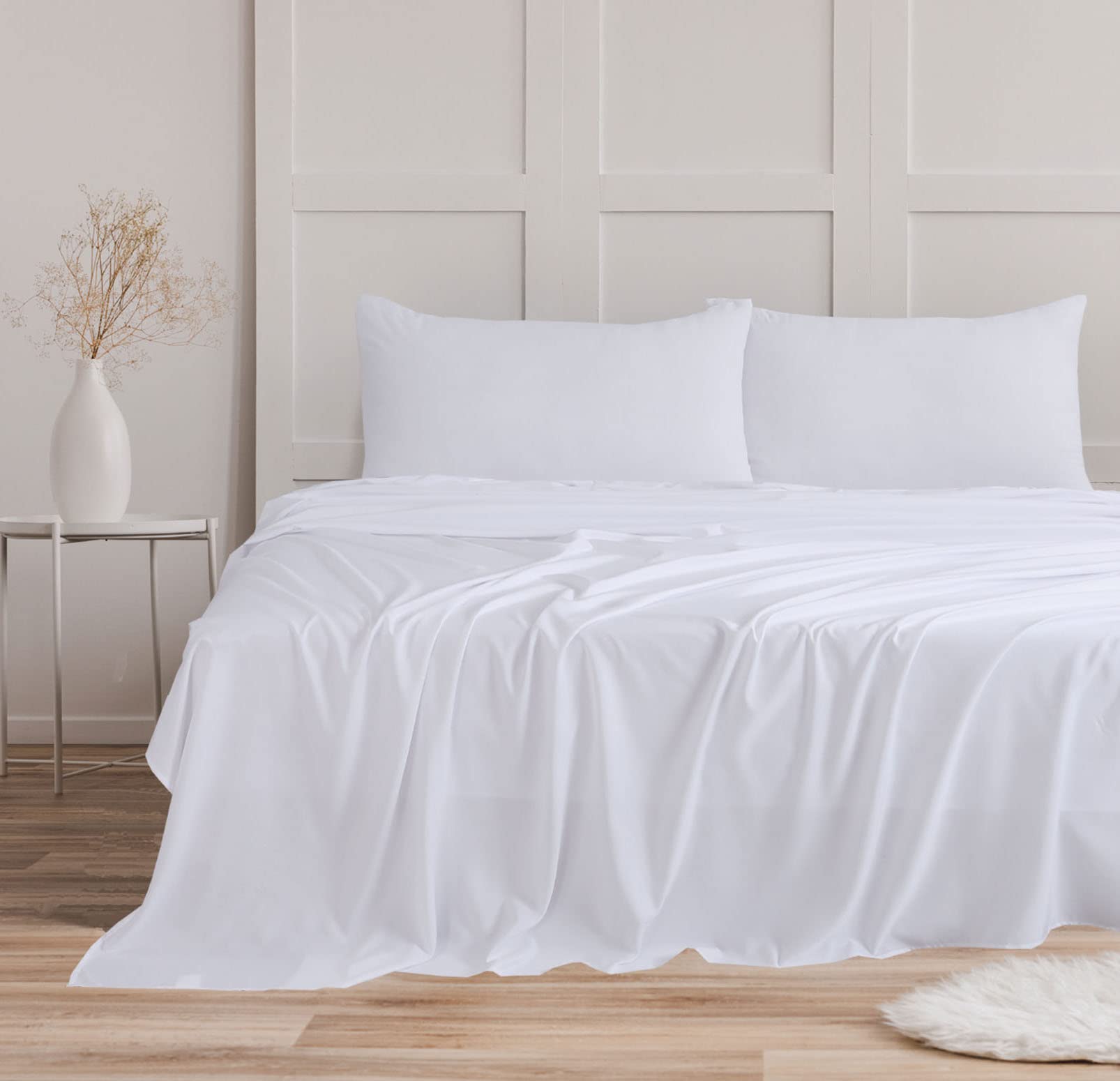 Bronwen Mathews Sheet Set King 4Pcs - Easy Care Brushed Microfibre Super Soft Wrinkle Free Bedding Set- Flat, Fitted Sheets & Pillowcases (King, White)