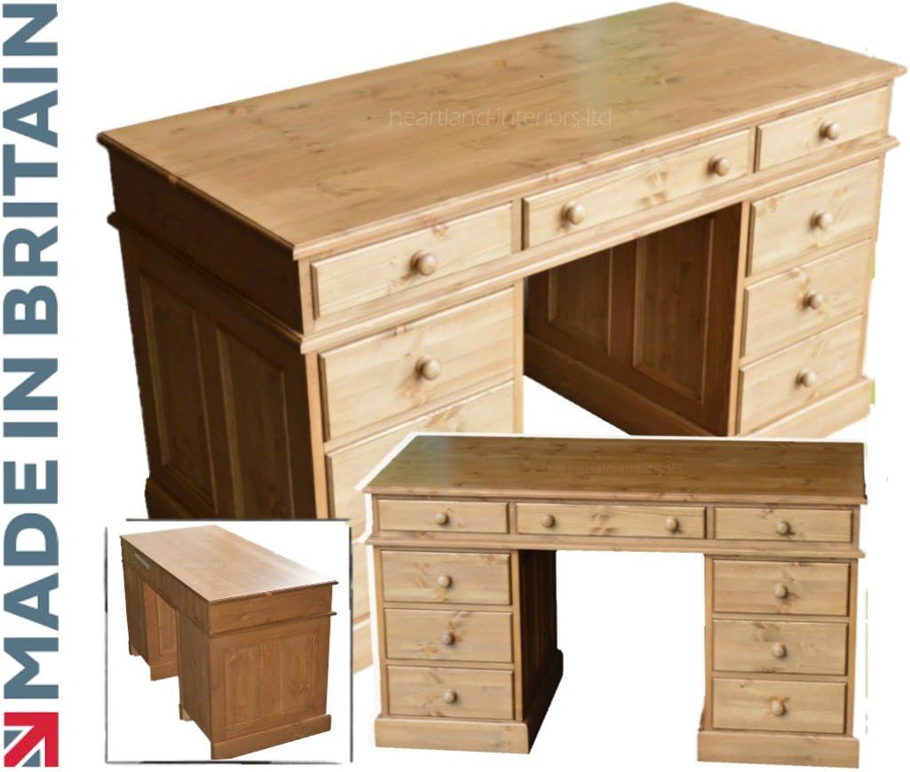 Traditional Solid Pine Lawyers Desk, 9 Drawer Twin Pedestal Writing