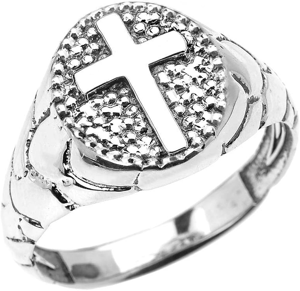 White 9 ct Gold Textured Band Oval Christian Religious Cross Men's Ring