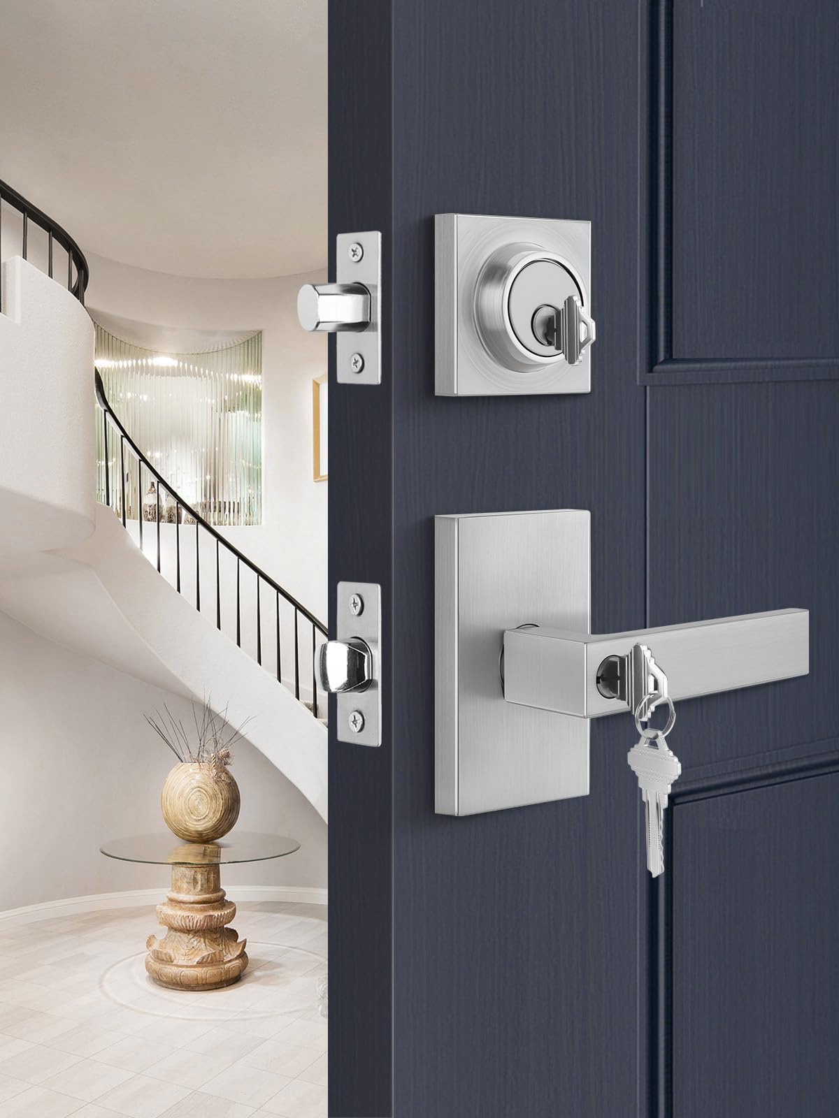 Photo 1 of Brushed Nickel Exterior Door Lock Set, Front Door Lock Set with Deadbolt, Square Contemporary Front Door Lock Sets, Heavy Duty Zinc-alloyed Exterior Door Handle (1 Pack)