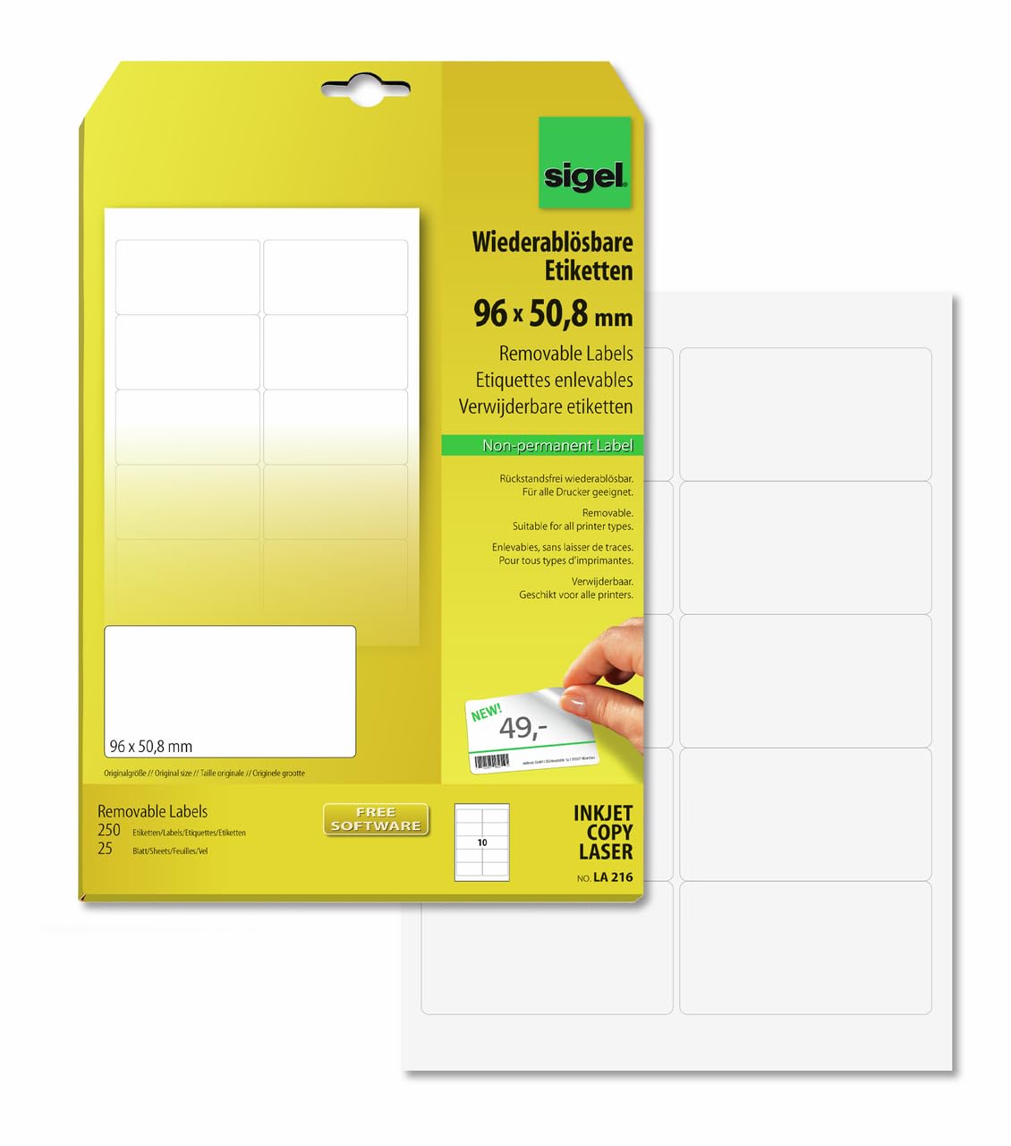 SIGEL LA216 Universal Removable Labels, 9.6 x 5.08 cm, 250 lbl equal to 25 sheets, White