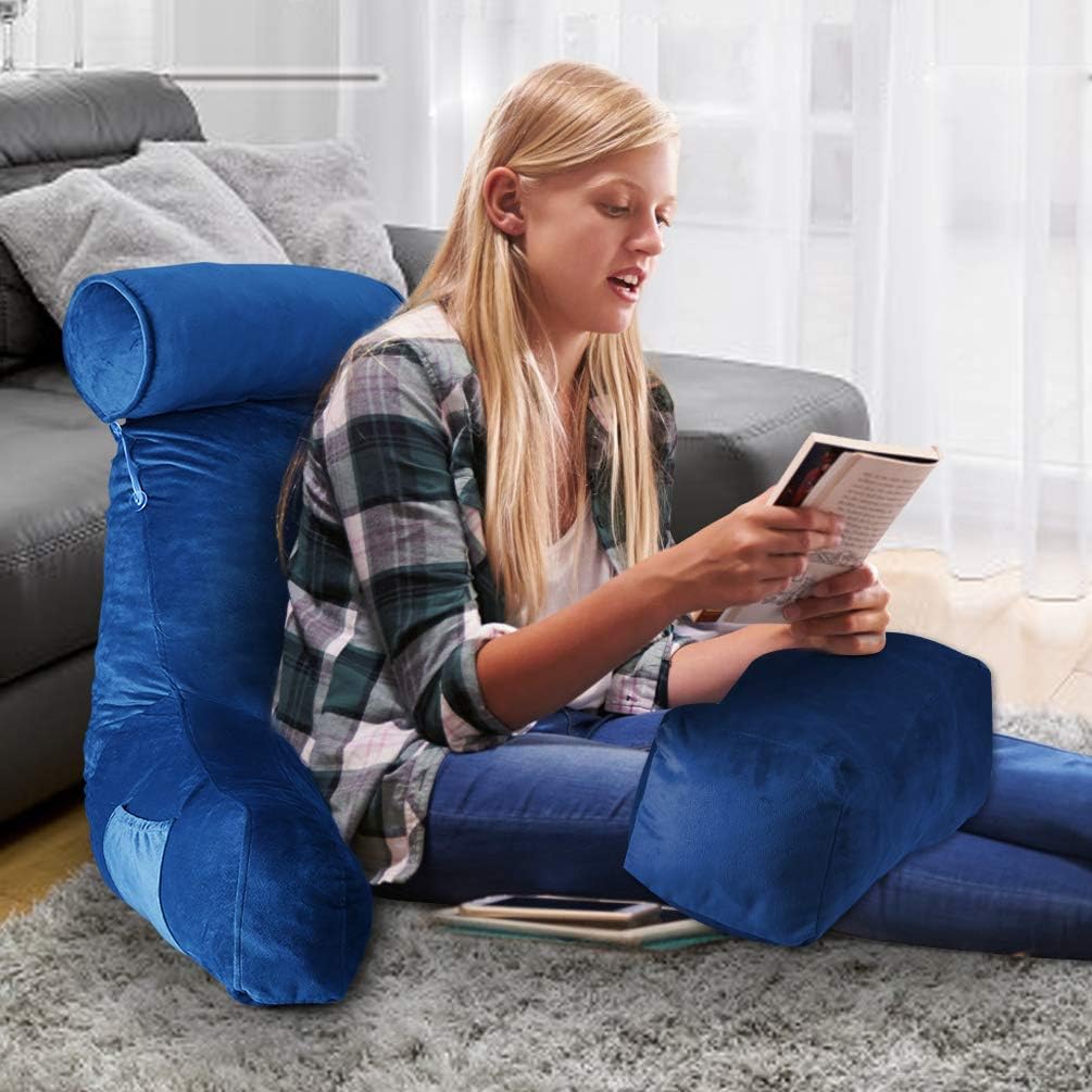 ACWARM HOME Reading Pillow, Bed Rest Pillow with Shredded Memory Foam, Support Arms, Headrest, Leg Pillow - Perfect Back Support for Reading, Relaxing for Kids & Adults (Blue): Kitchen & Dining