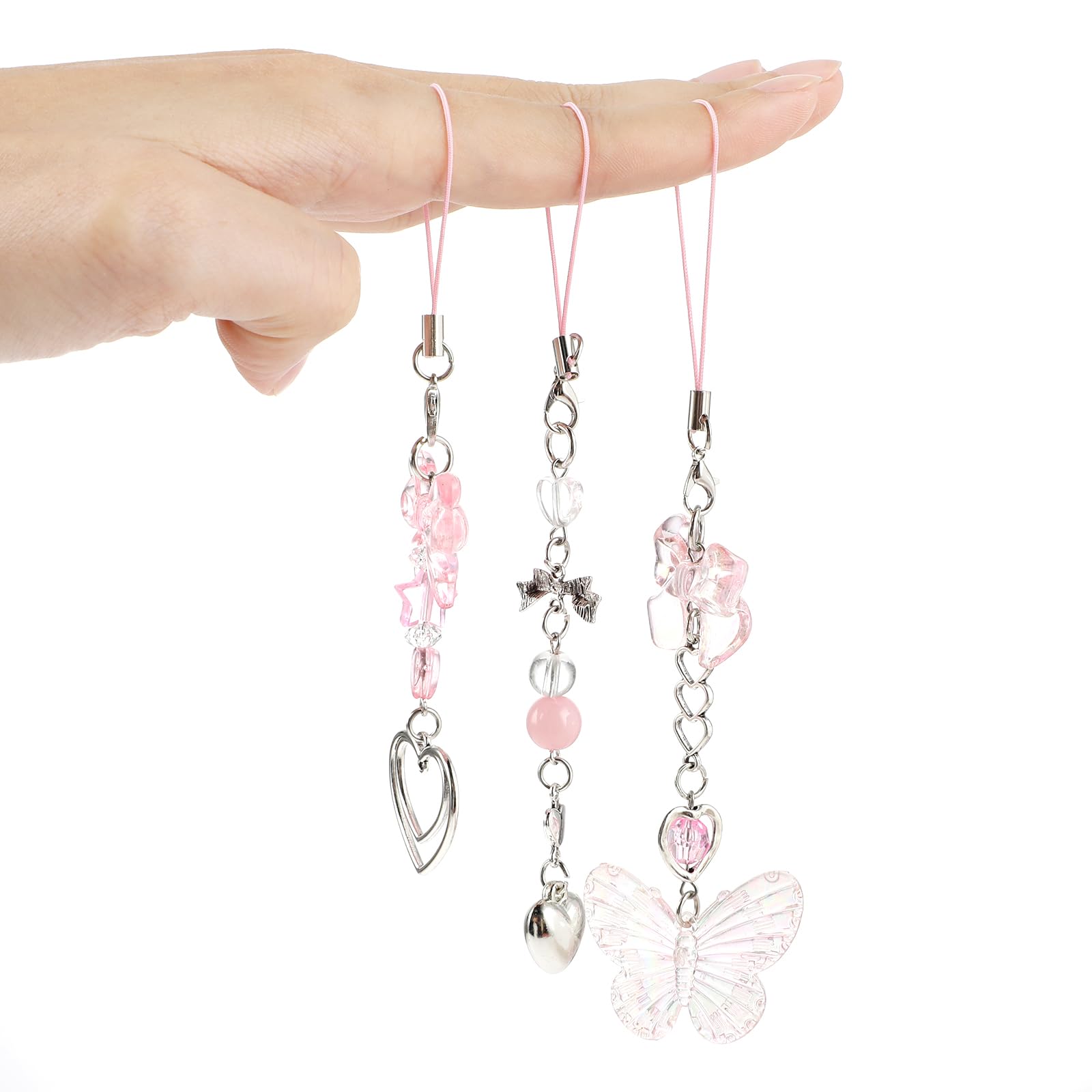 3 Pack Aesthetic Pink Butterfly Heart Shape Cute Y2K Cell Phone Charms for Bag Purse Backpack Camera Decor