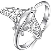 Ladytree S925 Sterling Silver Stingray Sea Animal Open Ring Manta Ray Tree of Life Adjustable Bypass Nature Ocean Ring