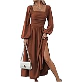 Floerns Women's Square Neck Lantern Long Sleeve Dress Split Ruched Party Midi Dresses