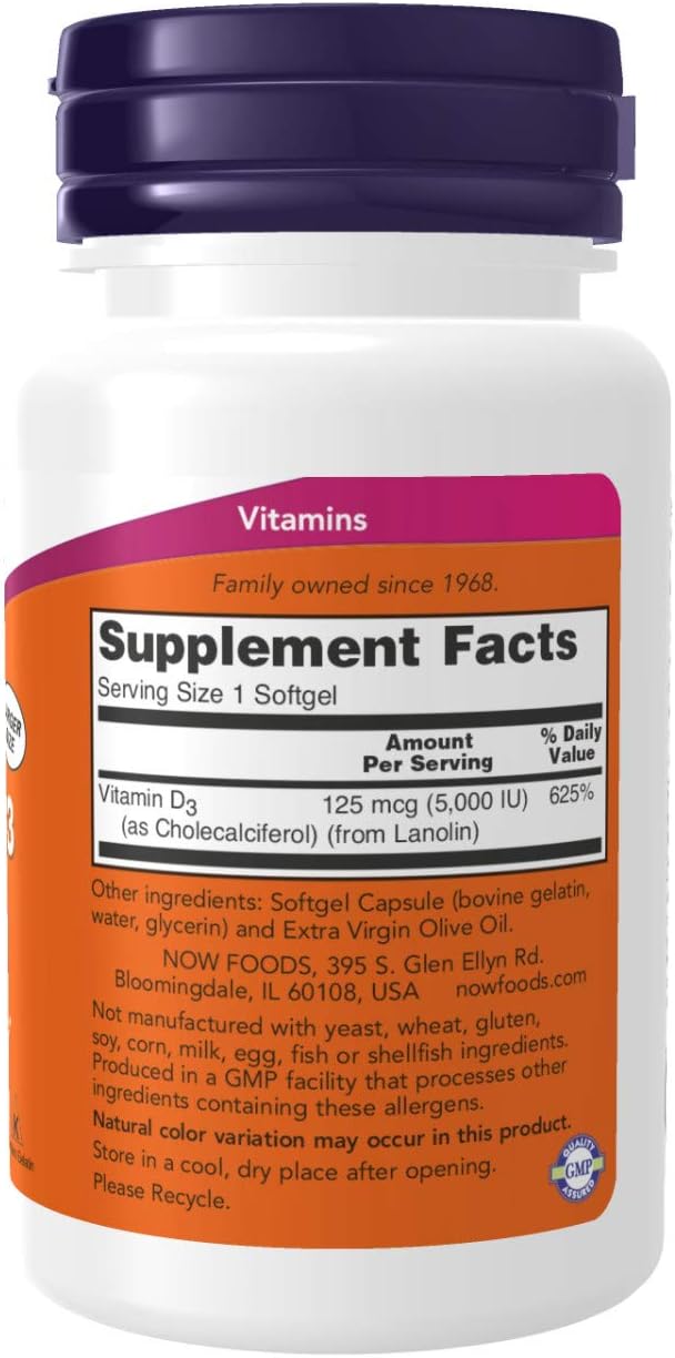 NOW Foods Supplements, Vitamin D-3 5,000 IU, High Potency, Structural Support*, 240 Softgels: Health & Personal Care