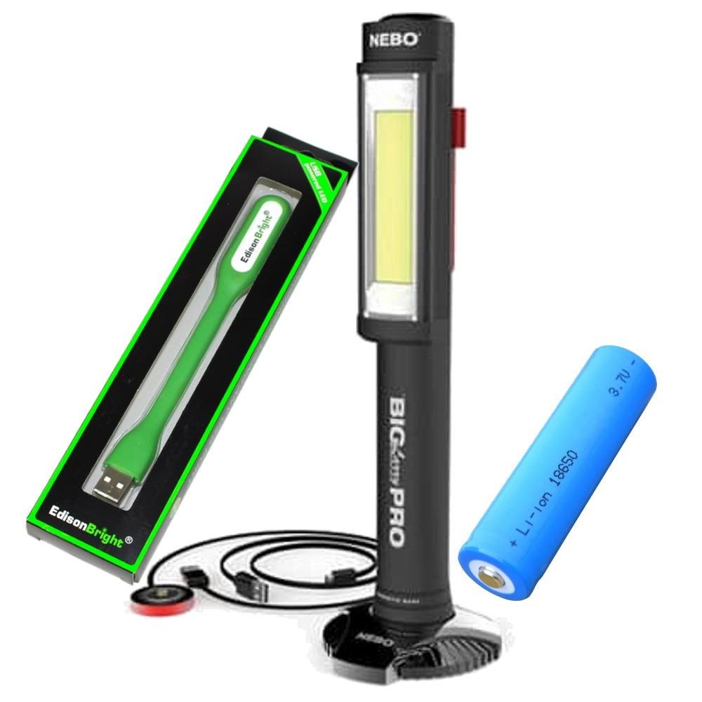 Nebo Rechargeable Big Larry Pro 500 Lumen Flashlight/worklight 6640 COB LED Magnetic Worklight with EdisonBright USB Powered Reading Light Bundle