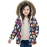 IFFEI Girls Winter Coat Jacket Fur Hooded Long Puffer Jacket Flower Print Warm Outdoor Coats for Kids 3-11 Years