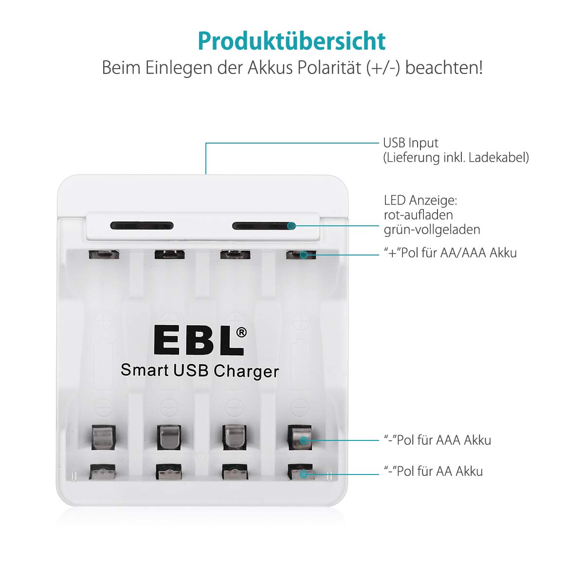 EBL AA AAA Intelligente Akku Ladegerät (4x Stecker) Batterieladegerät für Ni-MH Ni-CD Wiederaufladbare Akku Batterien mit LED-Anzeige