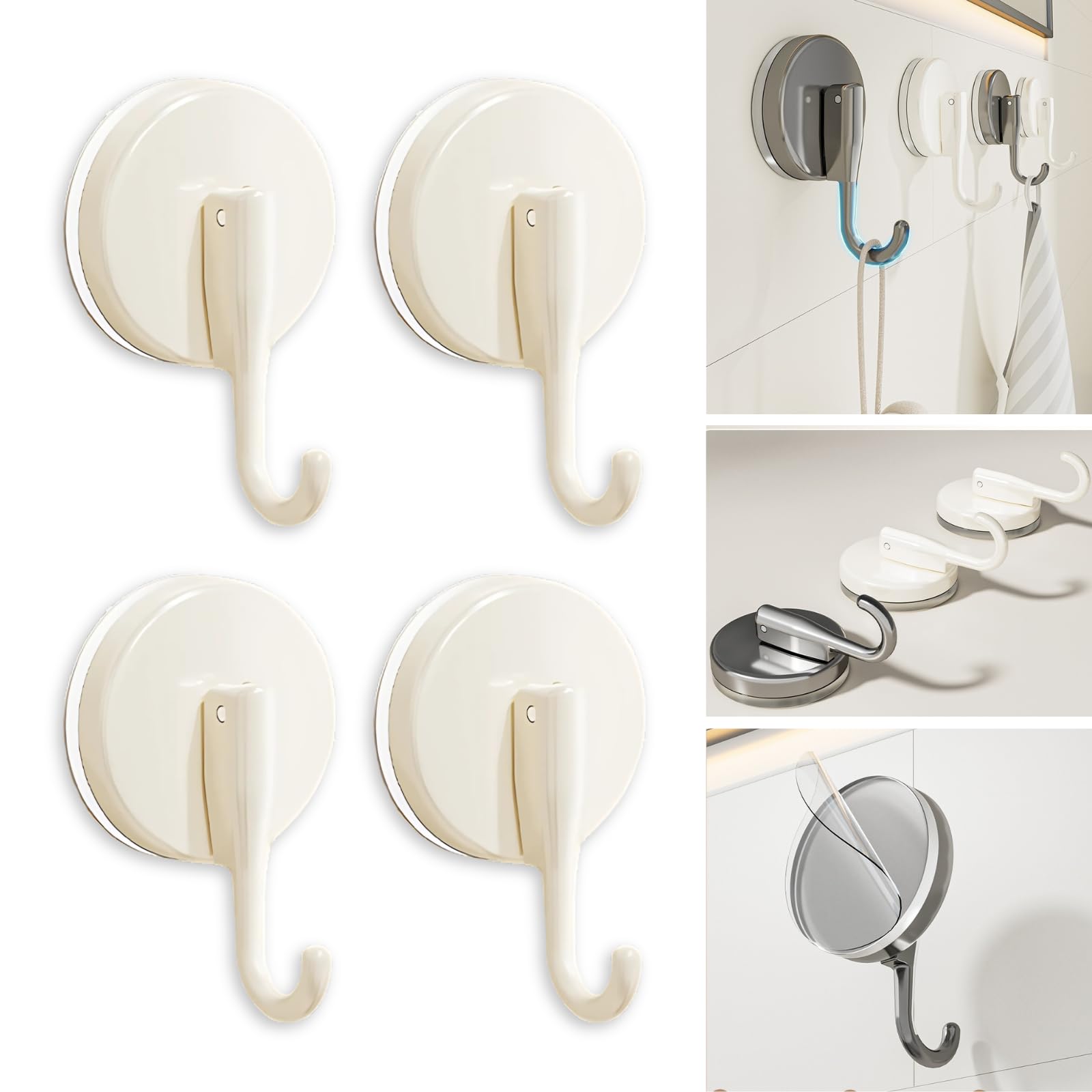 Boxonly Suction Cup Hooks for Shower, Single Hook for Hanging in Shower, Mounting on Glass, Tile, Mirrors, or Metal Surfaces - Cream (4 Pack)