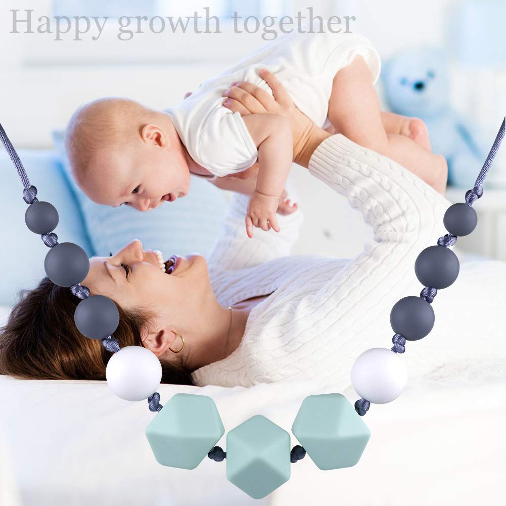 tuxepoc Silicone Teething Necklace for Mom to Wear,Nursing Necklace Baby Teethers 100% Food Grade Silicone Teething Beads,Silicone Teether Chewlery Necklace Chewing Tool,BPA FREE Chew Beads