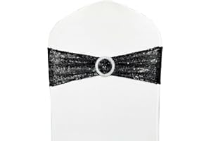 LIZIMI 6 Pcs Black Sequin Chair Sash Stretch Bands Spandex Polyester Bows Chair Sashes for Hotel Wedding Party Banquets Decor