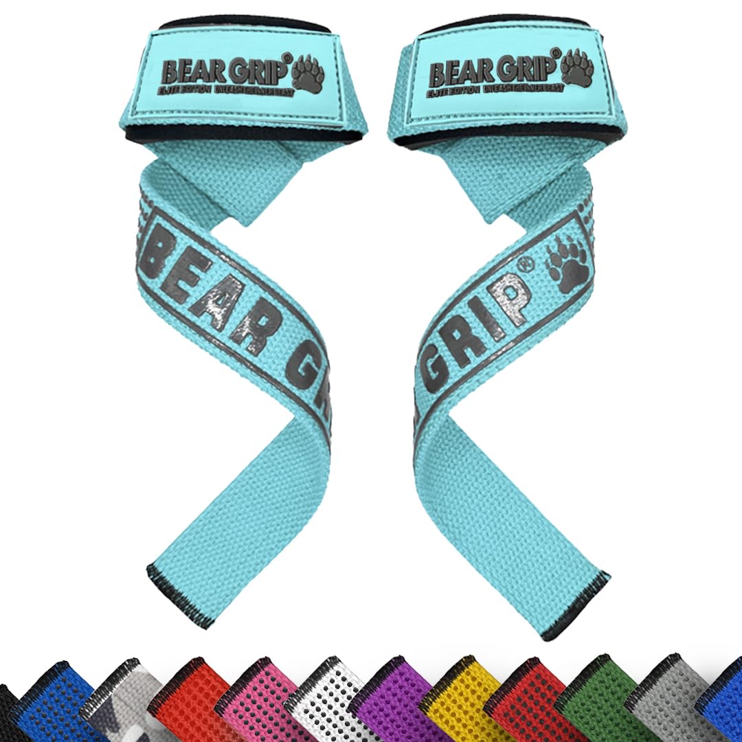 BEAR GRIP Straps - Premium Neoprene padded Heavy Duty double stitched weight lifting gym straps, Gel grip, 100% cotton, Extra long length (Pastel Aqua)
