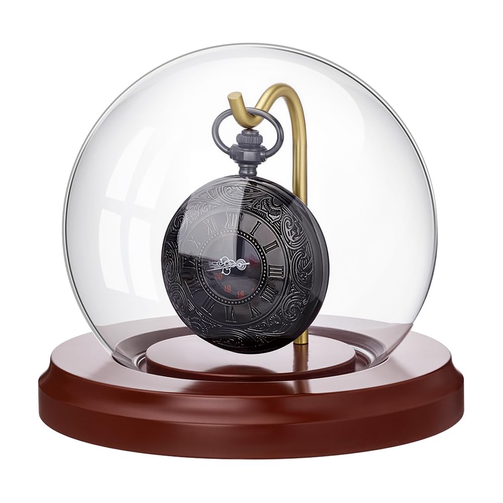 Photo 1 of PH PandaHall 4.4x3.7 inch Pocket Watch Display Dome Cloche with Metal Hook Watch Display Jar with Wood Base Decorative Glass Display Dome Showcase for Pocket Watch Medals Collectibles Photos Ornament