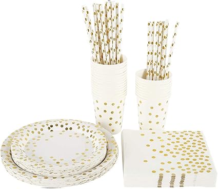 Amazon Co Jp Colebread Jp 使い捨て食器セット 146点セット 紙皿 紙コップ ストロー ナプキン 飾り付け おしゃれ パーティー用品 キャンプ 誕生日 結婚式用 パーティー食器使い捨て ゴールドポイントの紙コップ紙トレイセット ゴールドドット ホーム キッチン
