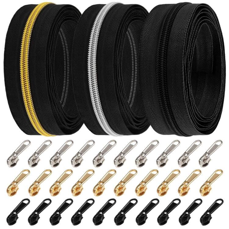 DOITEM #5 Silver Gold Black Metallic Nylon Coil Zippers by The Yard Bulk 16 Yards with 30pcs Sliders for DIY Sewing Tailor Craft Bags (Silver Gold Black) — image 1