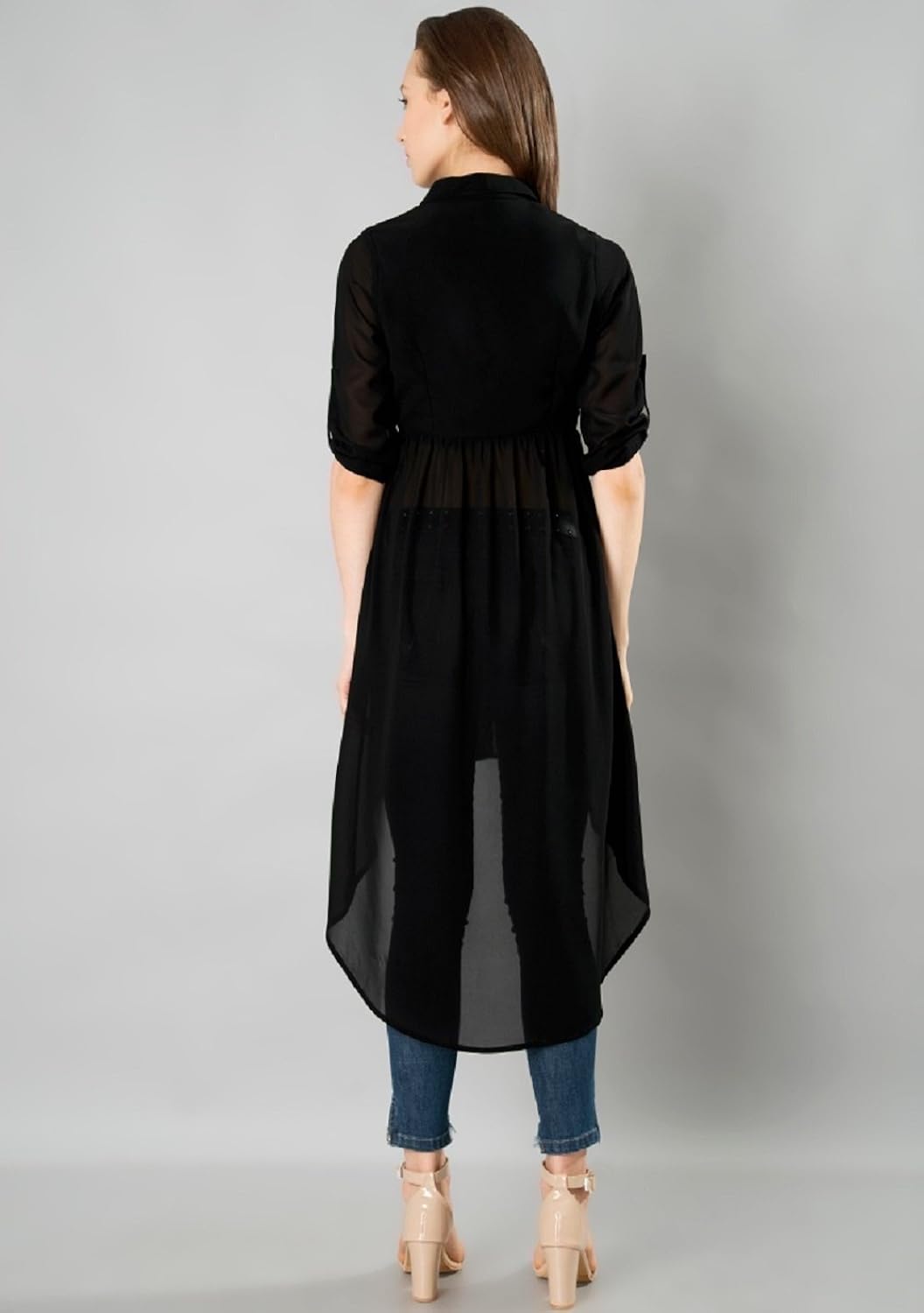 mizago women's casual-elegant chiffon blouse high-low black/peach top women long dress shirt