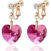 Austrian Crystal Heart Drop Clip On Dangle Earrings for Women Non Pierced 14K Rose Gold Plated Hypoallergenic Jewelry