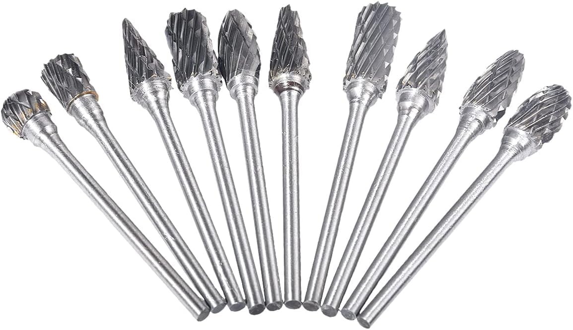 HOHXEN 10 Pcs Tungsten Carbide Rotary Burr Set with 2.35mm Round Shank Double Cut Carving Burr Bits for Wood Working DIY, Engraving, Drilling, Grinding Marble, Jade, Polishing, Non-Metal Materials
