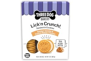 Three Dog Bakery Lick'n Crunch! Golden & Peanut Butter Dog Sandwich Cookies - Crunchy Vanilla & Creamy Peanut Butter Flavored Dog Treats, Cookies for Dogs, Dog Birthday Cookies, Dog Training Treats