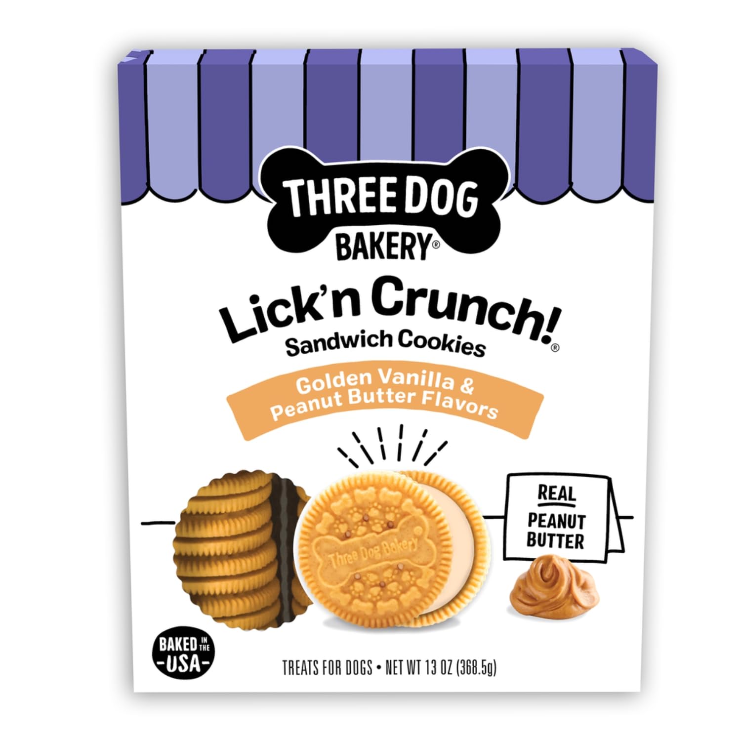 Three Dog Bakery Classic Cremes Baked Dog Treats, Golden with Peanut Butter Filling, 13 oz