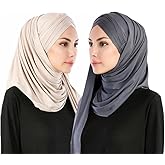 Rayiisuy Women 2PCS Set Jersey Hijab Lightweight Soft Solid Color Instant Hijab Shawls and Wraps Muslim Stretch Head Scarf