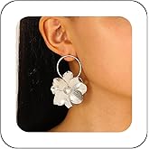 Iaceble Boho Pearl Flower Dangle Earrings Gold Floral Drop Earrings Camellia Flower Earrings Hollow Circle Stud Earrings Exaggerated Floral Earrings Jewelry for Women
