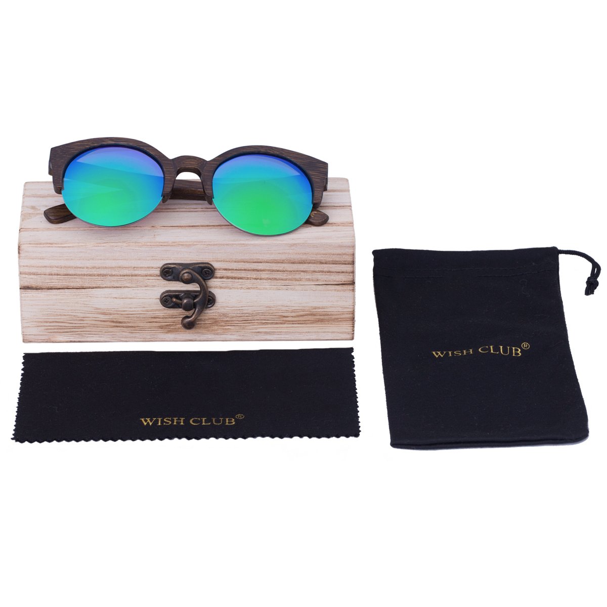 WISH CLUB Half Frame Round Wood Sunglasses Unisex Classic Mirrored Floating Vintage 60s Glasses(Green)