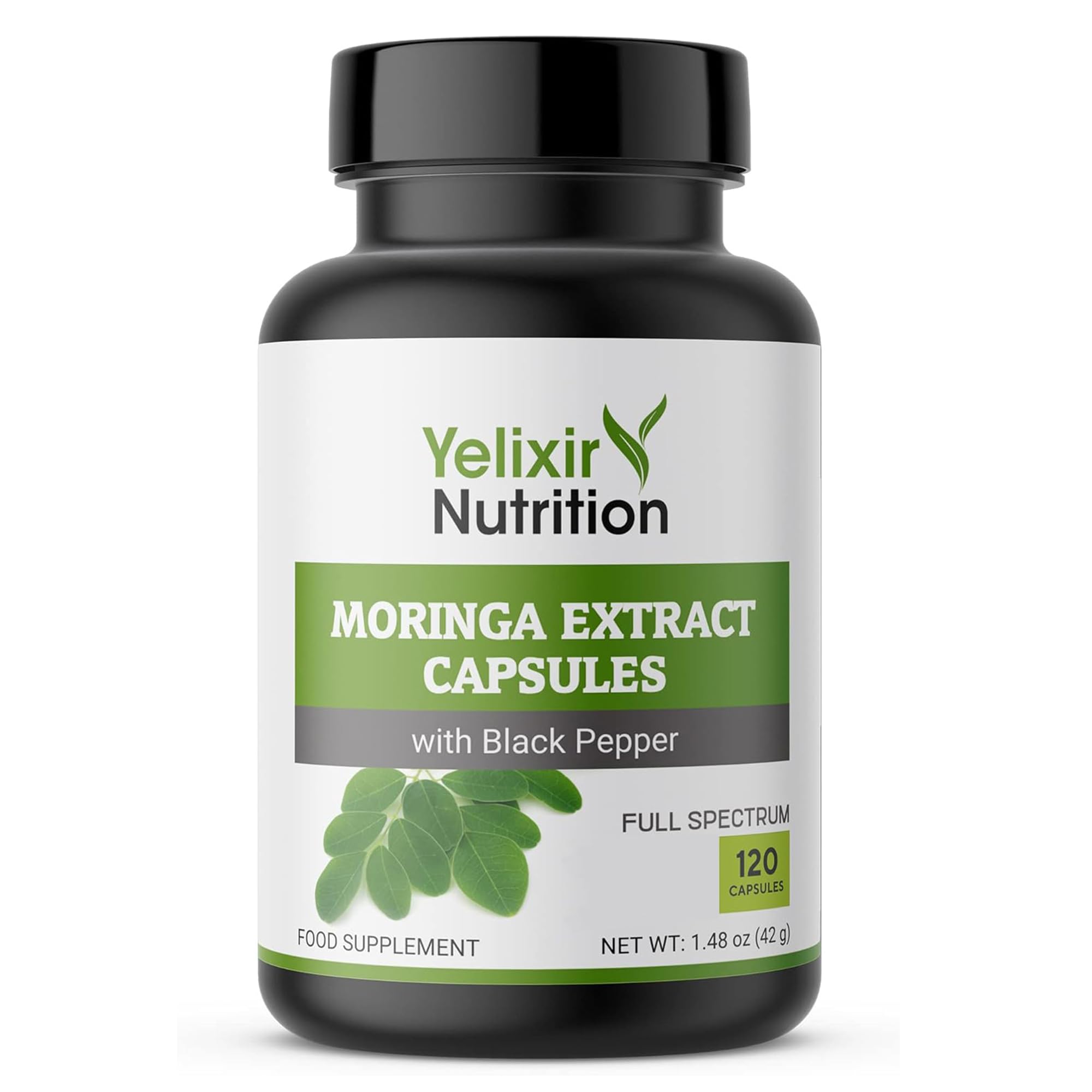 Yelixir Nutrition Moringa Capsules 5450mg, 120 Vegan Capsules, High Strength Moringa Leaf Extract with Black Pepper, Pure Formula with No Added Fillers