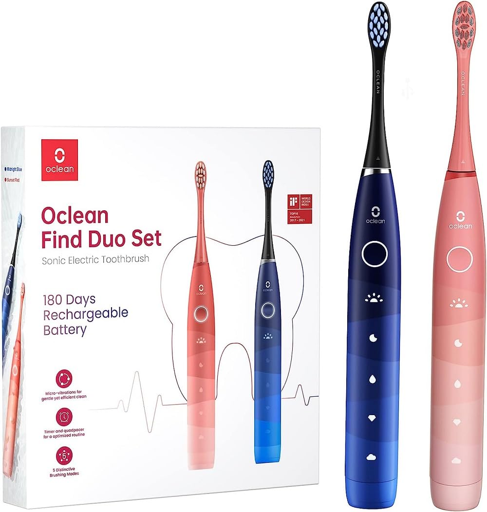 #Oclean Find Duo Set Brosse à dents électrique, Pack de 2 brosses à dents électriques avec 5 modes, Brosse à dents sonique avec 180 jours d'autonomie, Étanche