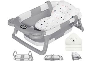 MoreFeel Collapsible Baby Bathtub for Newborn with Thermometer & 1 Hooded Towel & 1 Soft Floating Cushion,Portable Travel Bathtub with Drain Hole, Durable Foldable Baby Tubs for Infants to Toddler