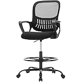 Sweetcrispy Tall Drafting Desk Chair - Ergonomic High Stool Computer with Adjustable Height and Comfy Lumbar Support, Office Rolling Counter with Flixed Arms and Footrest, Dark Black